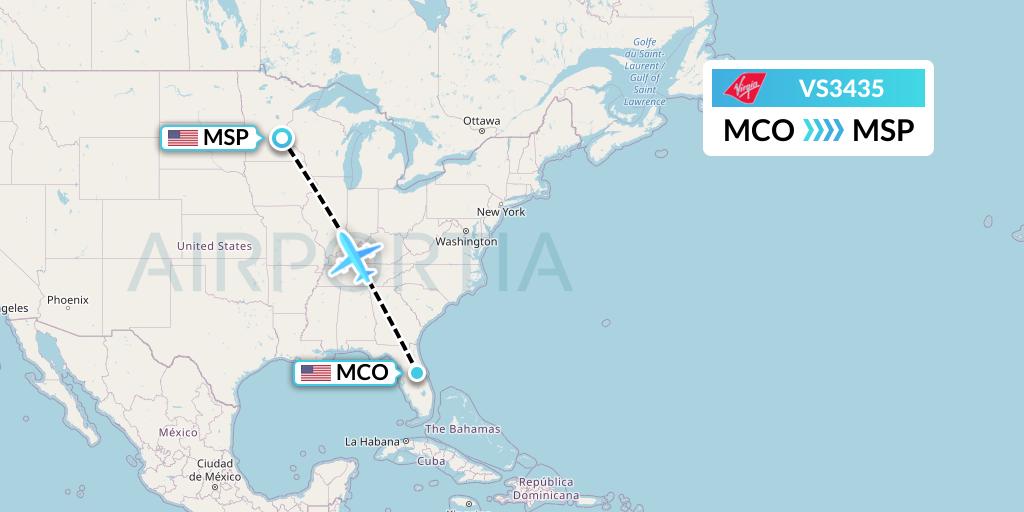 VS3435 Virgin Atlantic Airways Flight Map: Orlando to Minneapolis