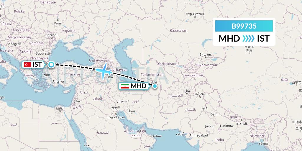 B99735 Iran Air Tours Flight Map: Mashhad to Istanbul