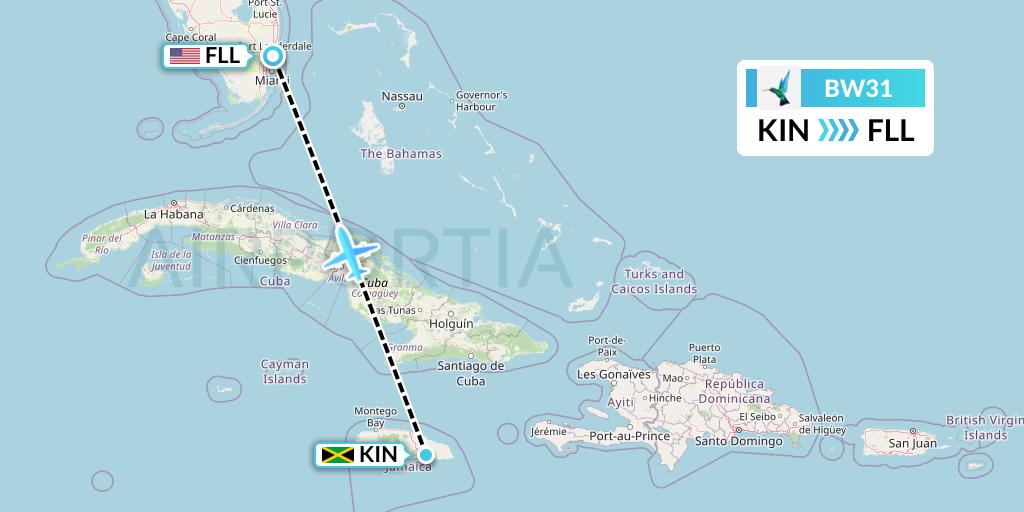 BW31 Caribbean Airlines Flight Map: Kingston to Fort Lauderdale