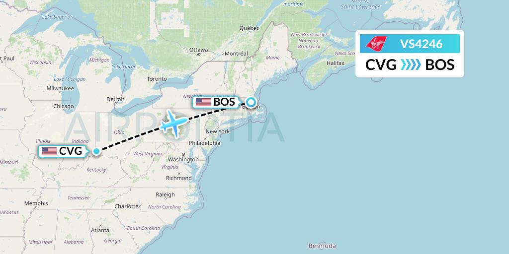 VS4246 Virgin Atlantic Airways Flight Map: Cincinnati to Boston