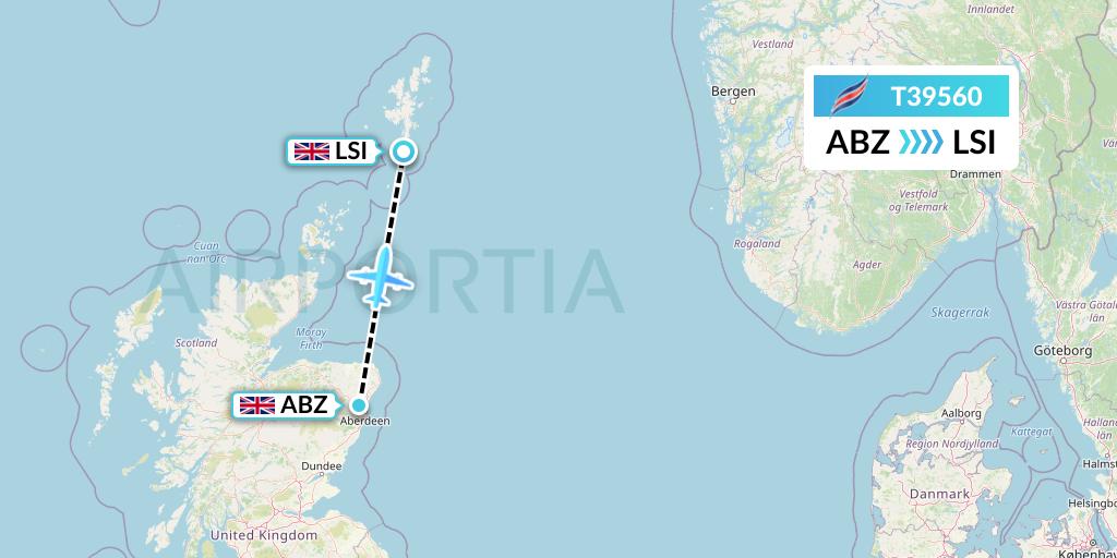 T39560 Eastern Airways Flight Map: Aberdeen to Sumburgh