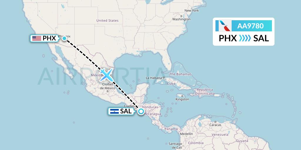 AA9780 American Airlines Flight Map: Phoenix to San Salvador
