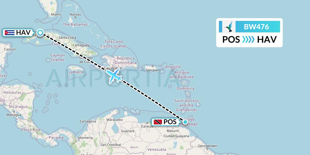 BW476 Caribbean Airlines Flight Map: Port of Spain to Havana
