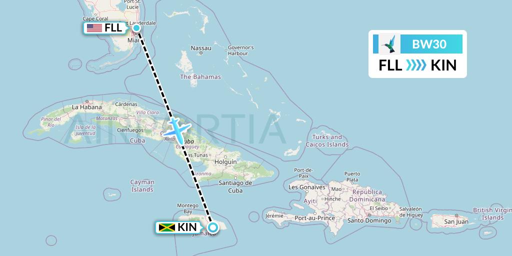 BW30 Caribbean Airlines Flight Map: Fort Lauderdale to Kingston