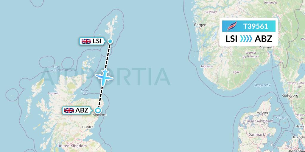 T39561 Eastern Airways Flight Map: Sumburgh to Aberdeen
