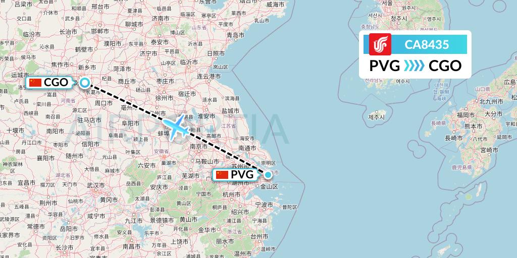 CA8435 Air China Flight Map: Shanghai to Zhengzhou