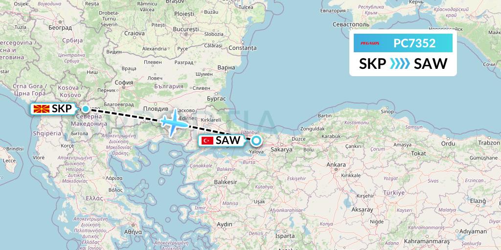 PC7352 Pegasus Airlines Flight Map: Skopje to Istanbul