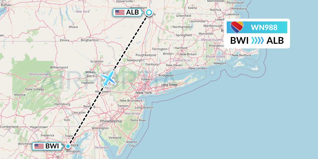 WN988 Southwest Airlines Flight Map: Baltimore to Albany