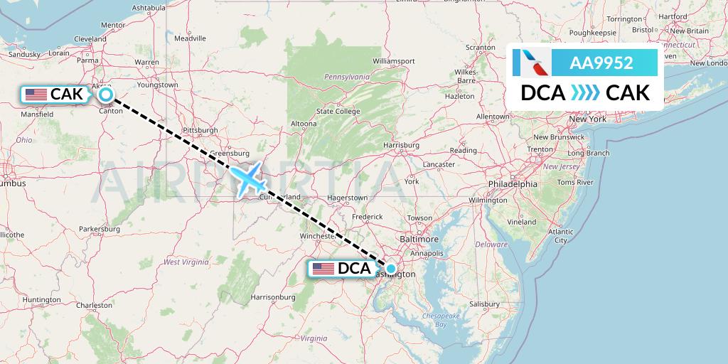 AA9952 American Airlines Flight Map: Washington to Akron