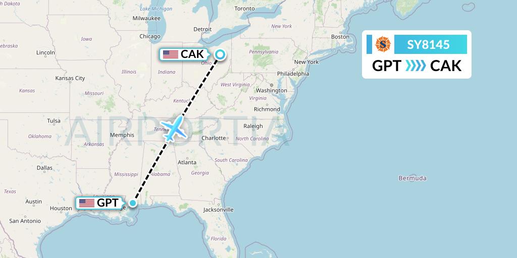 SY8145 Sun Country Airlines Flight Map: Gulfport to Akron