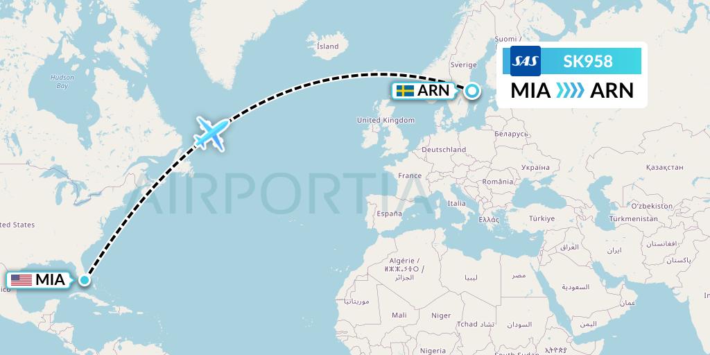 SK958 SAS Flight Map: Miami to Stockholm