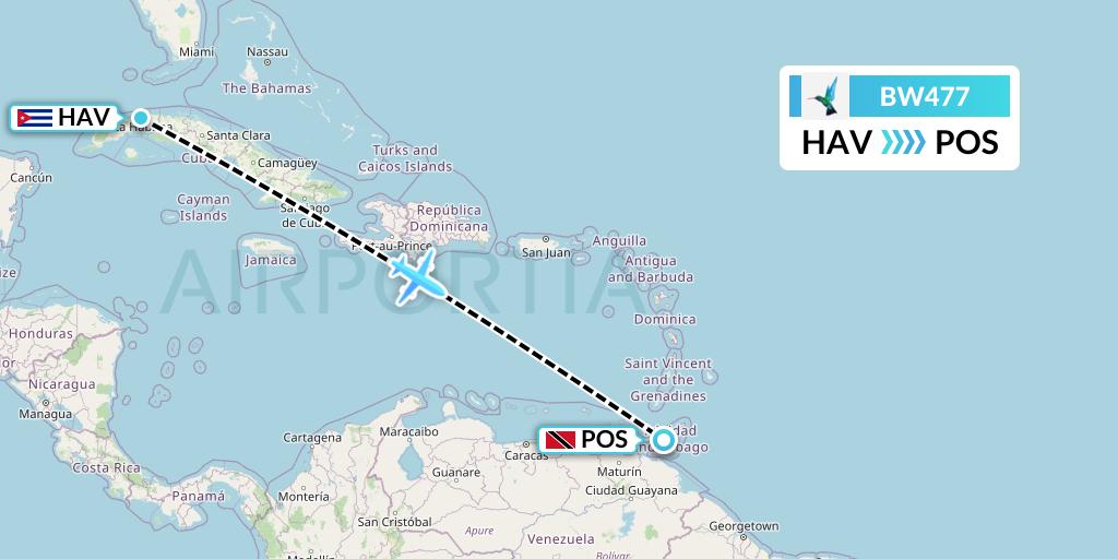 BW477 Caribbean Airlines Flight Map: Havana to Port of Spain