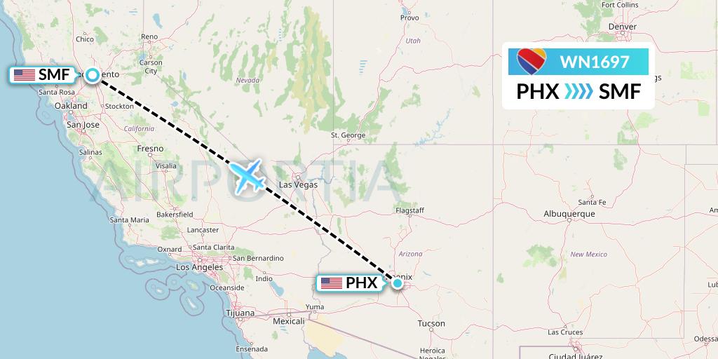 WN1697 Southwest Airlines Flight Map: Phoenix to Sacramento