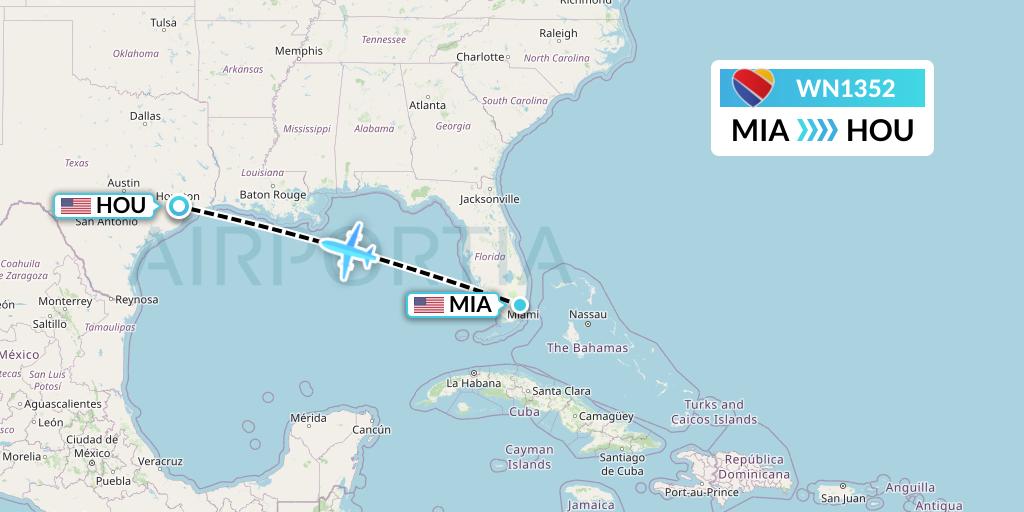 WN1352 Southwest Airlines Flight Map: Miami to Houston