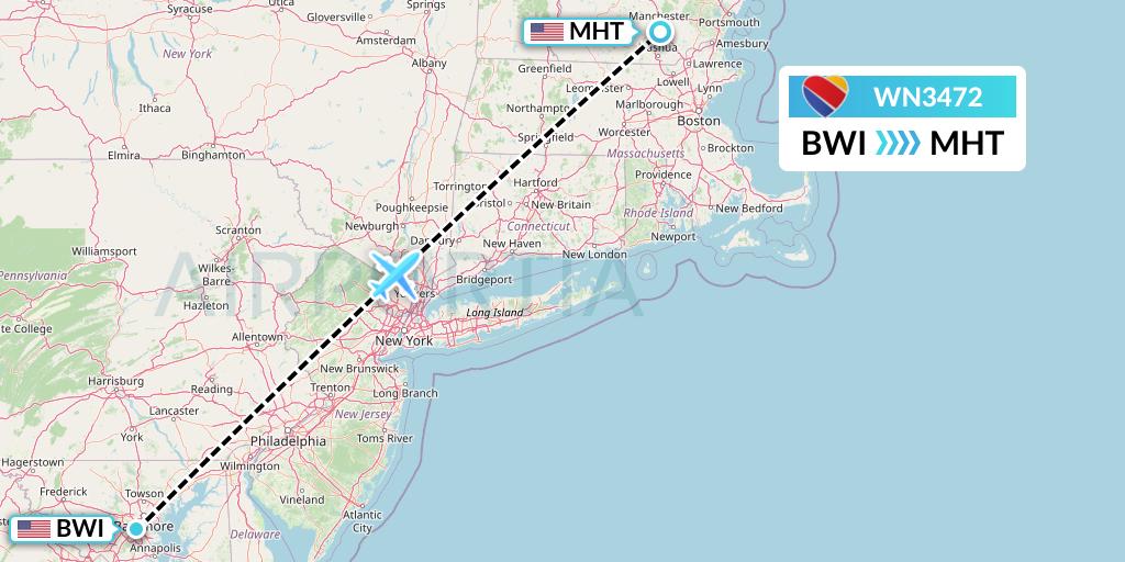 WN3472 Southwest Airlines Flight Map: Baltimore to Manchester