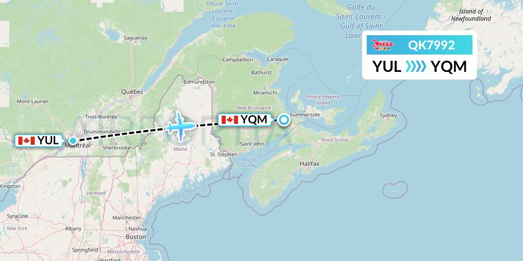 QK7992 Jazz Air Flight Map: Montreal to Moncton