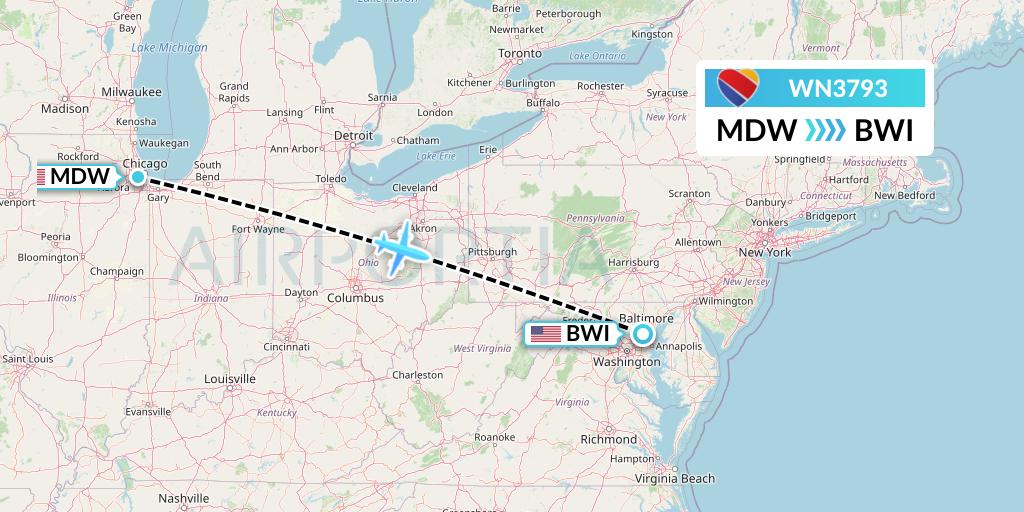 WN3793 Southwest Airlines Flight Map: Chicago to Baltimore