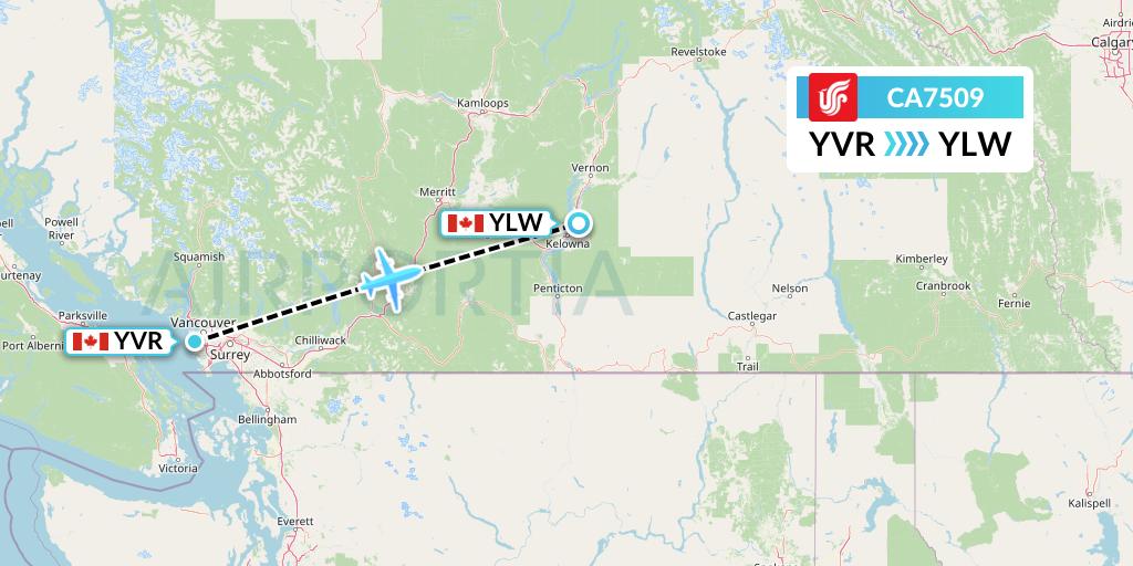 CA7509 Air China Flight Map: Vancouver to Kelowna