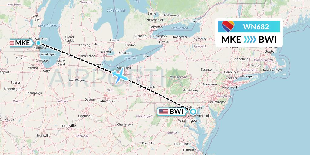 WN682 Southwest Airlines Flight Map: Milwaukee to Baltimore