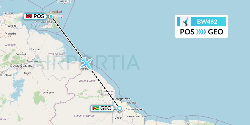 BW462 Caribbean Airlines Flight Map: Port of Spain to Georgetown