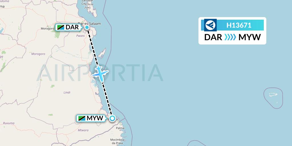 H13671 Hahn Air Systems Flight Map: Dar-es-Salaam to Mtwara