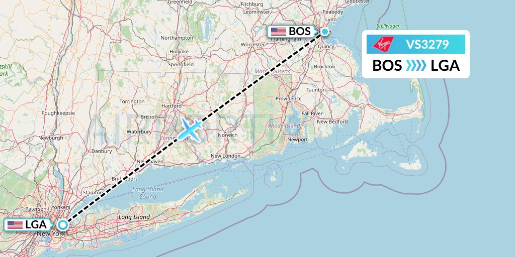 VS3279 Virgin Atlantic Airways Flight Map: Boston to New York