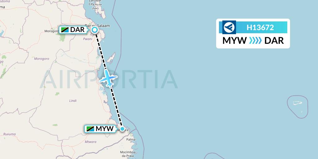 H13672 Hahn Air Systems Flight Map: Mtwara to Dar-es-Salaam