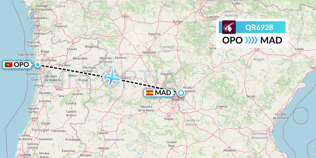 QR6928 Qatar Airways Flight Map: Porto to Madrid
