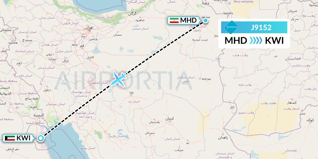 J9152 Jazeera Airways Flight Map: Mashhad to Kuwait City
