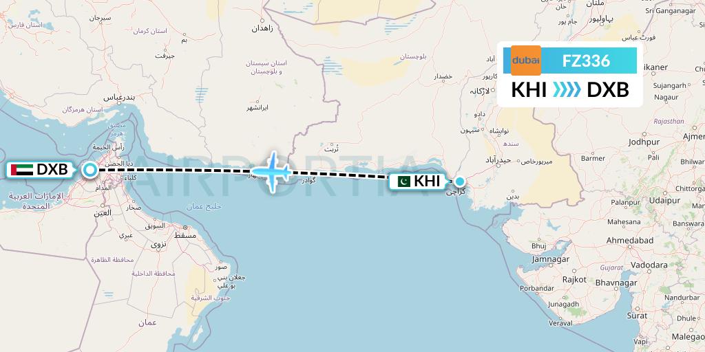 FZ336 FlyDubai Flight Map: Karachi to Dubai