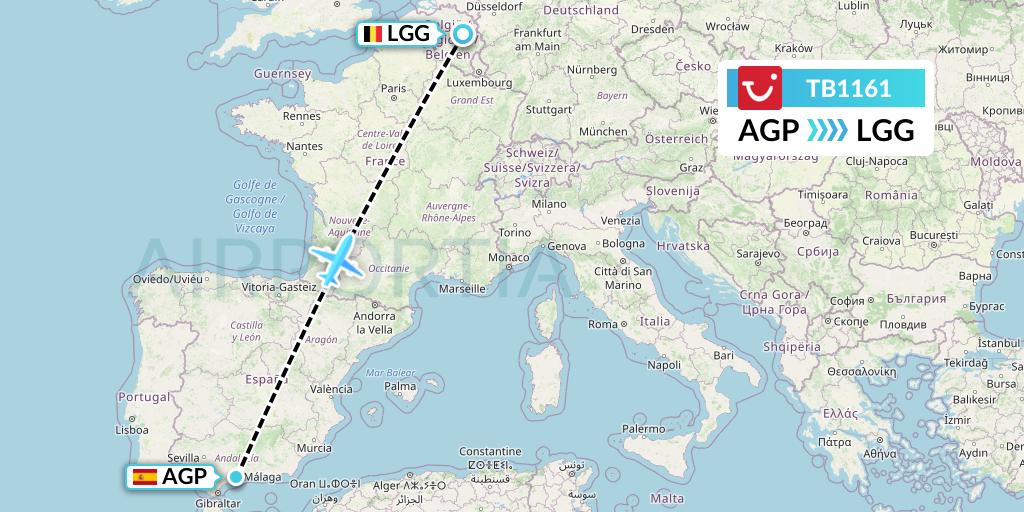 TB1161 TUI fly Belgium Flight Map: Malaga to Liege