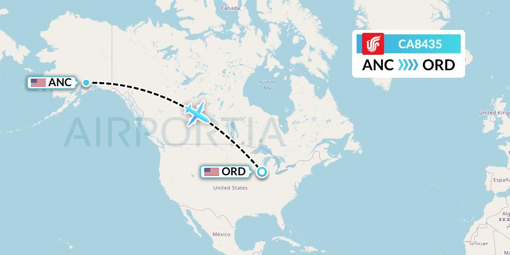 CA8435 Air China Flight Map: Anchorage to Chicago