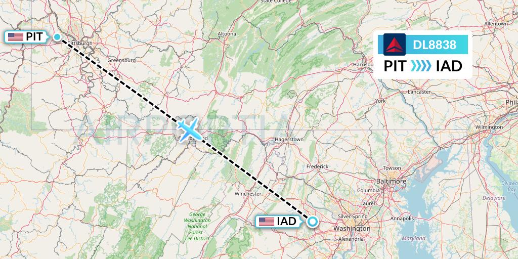 DL8838 Delta Air Lines Flight Map: Pittsburgh to Washington