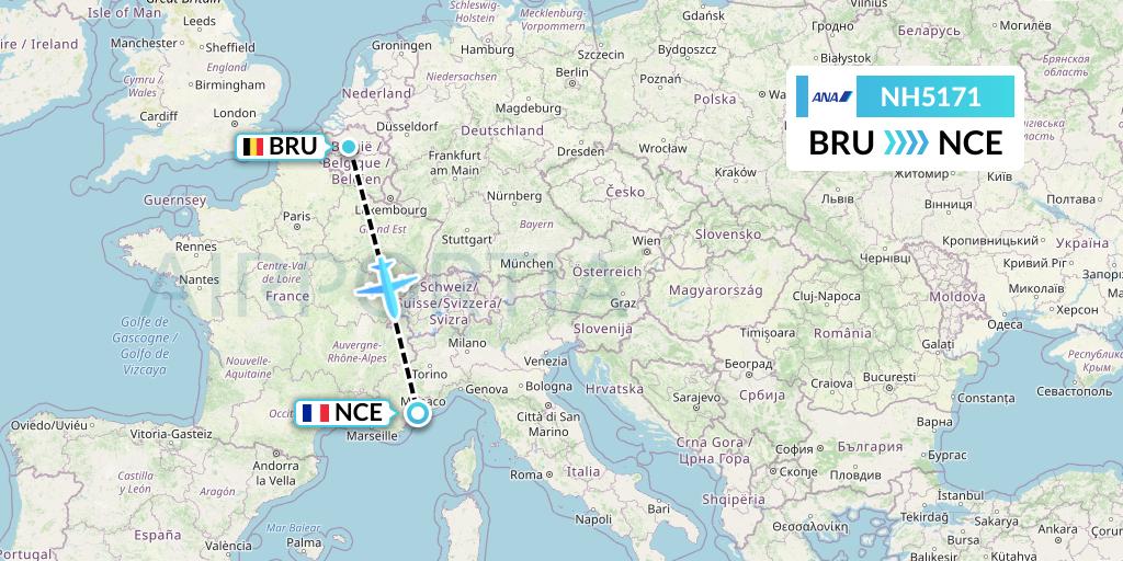 NH5171 All Nippon Airways Flight Map: Brussels to Nice