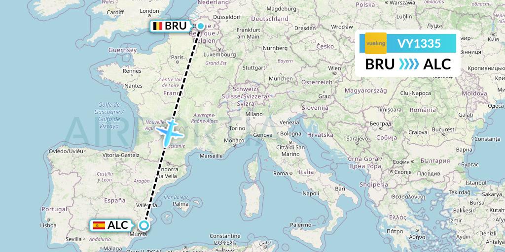VY1335 Vueling Flight Map: Brussels to Alicante