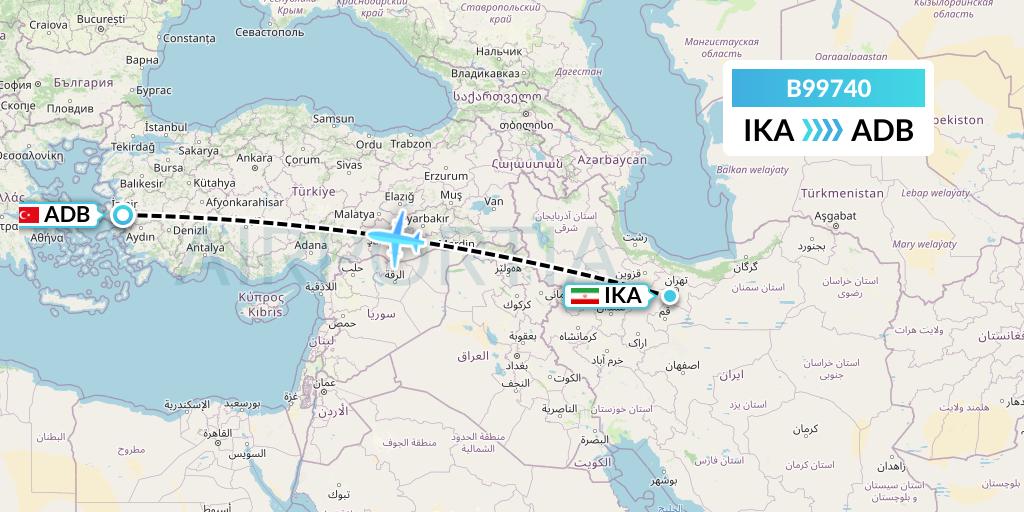 B99740 Iran Air Tours Flight Map: Tehran to Izmir