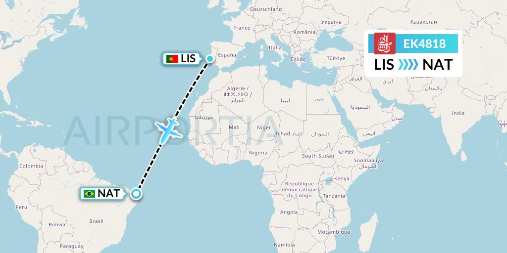 EK4818 Emirates Flight Map: Lisbon to Natal