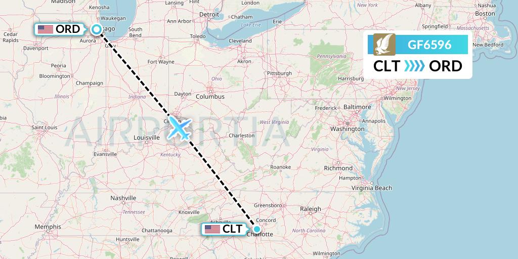 GF6596 Gulf Air Flight Map: Charlotte to Chicago