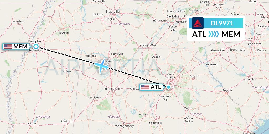 DL9971 Delta Air Lines Flight Map: Atlanta to Memphis