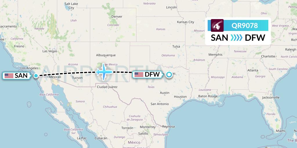 QR9078 Qatar Airways Flight Map: San Diego to Dallas