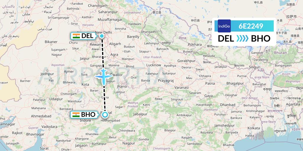 6E2249 IndiGo Airlines Flight Map: Delhi to Bhopal