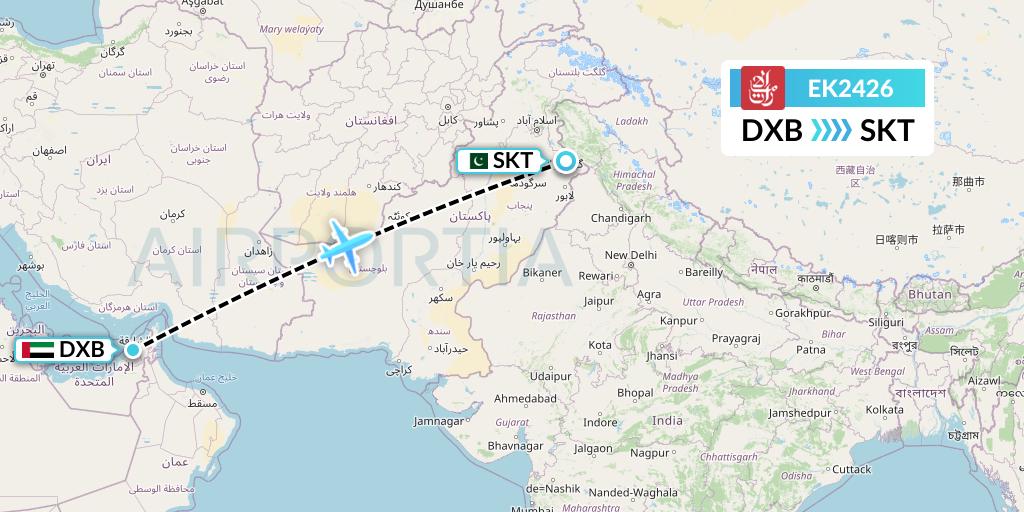 EK2426 Emirates Flight Map: Dubai to Sialkot