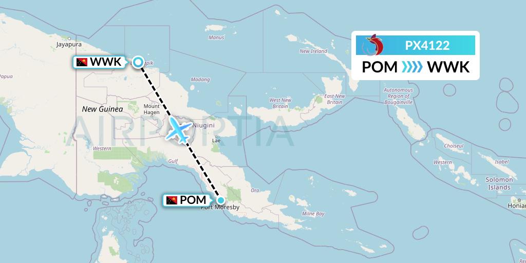 PX4122 Air Niugini Flight Map: Port Moresby to Wewak