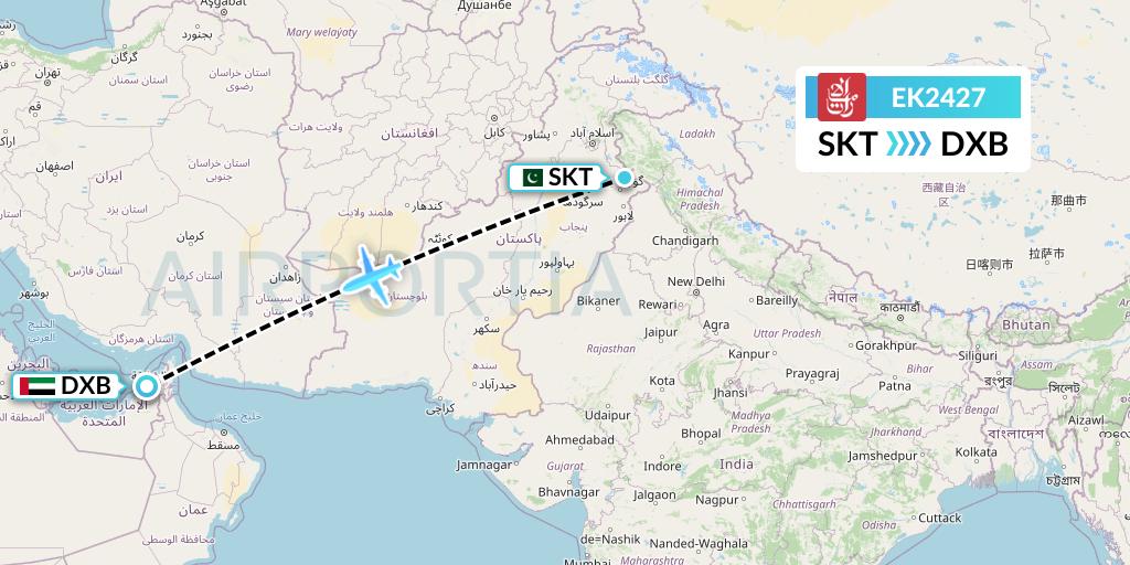 EK2427 Emirates Flight Map: Sialkot to Dubai