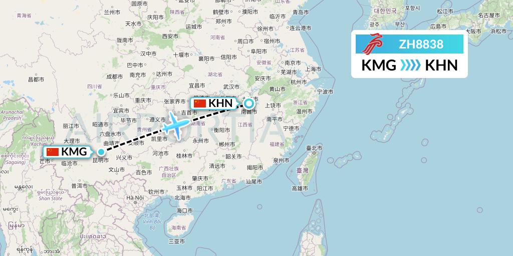 ZH8838 Shenzhen Airlines Flight Map: Kunming to Nanchang