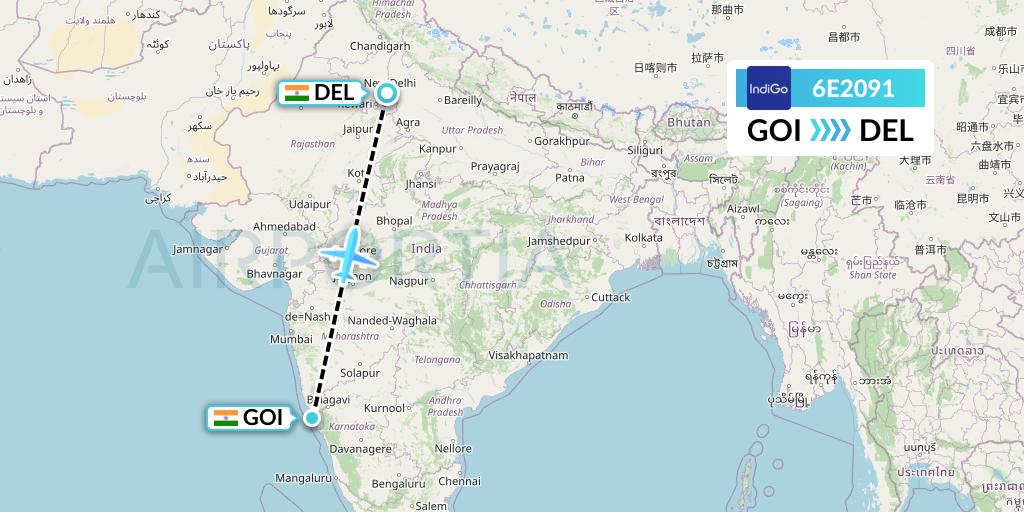 6E2091 IndiGo Airlines Flight Map: Goa to Delhi