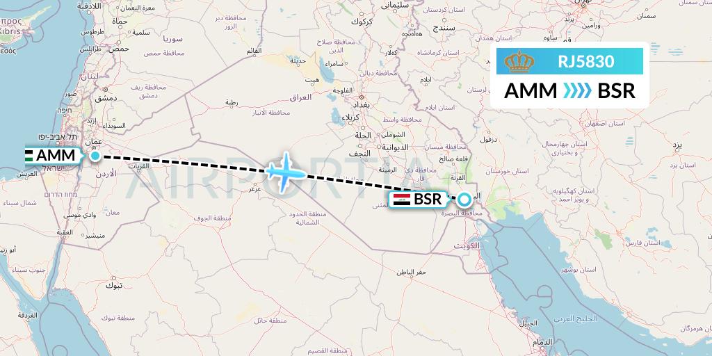 RJ5830 Royal Jordanian Flight Map: Amman to Basra