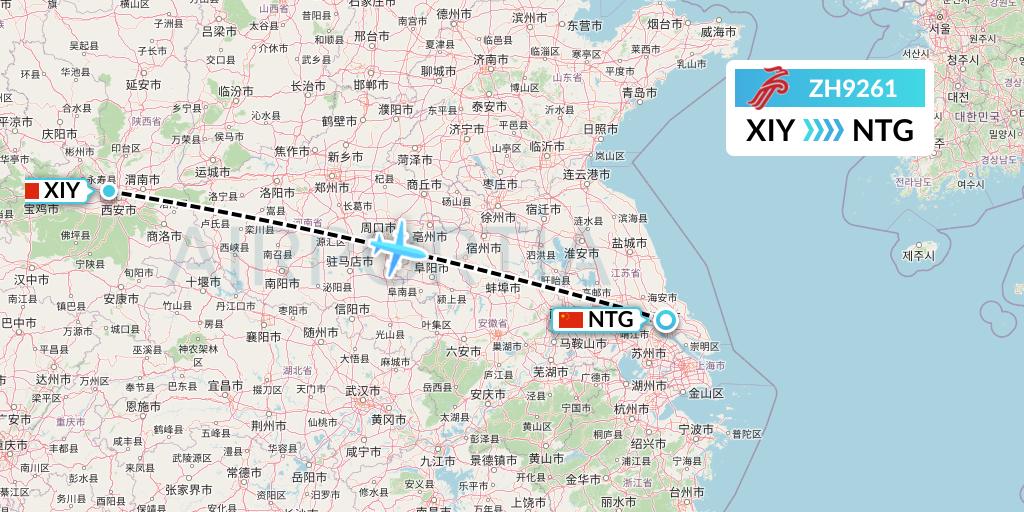 ZH9261 Shenzhen Airlines Flight Map: Xi'an to Nantong