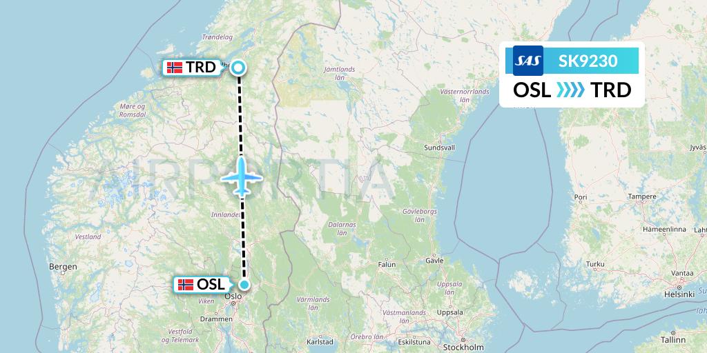 SK9230 SAS Flight Map: Oslo to Trondheim