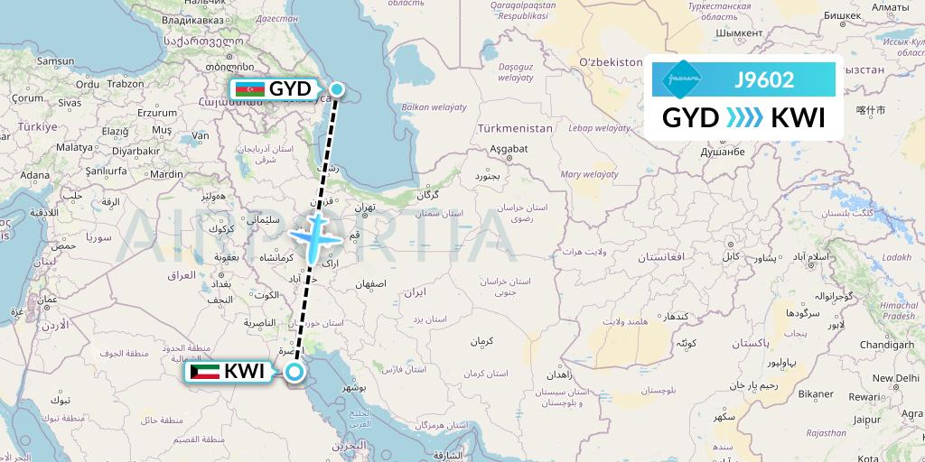 J9602 Jazeera Airways Flight Map: Baku to Kuwait City